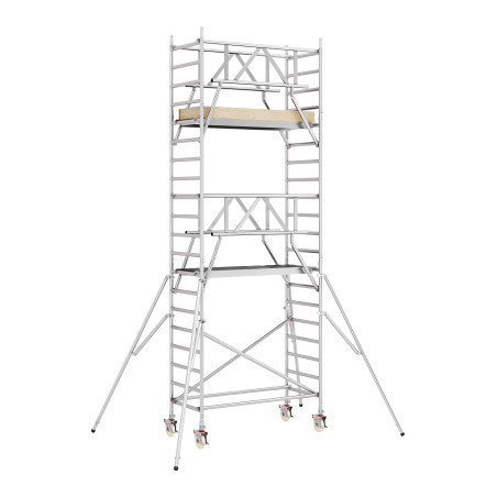 Rusztowaniem aluminiowym AKSO Comfort 0,90 x 1,90 m z belkami stabilizującymi – wysokość 5,3 m